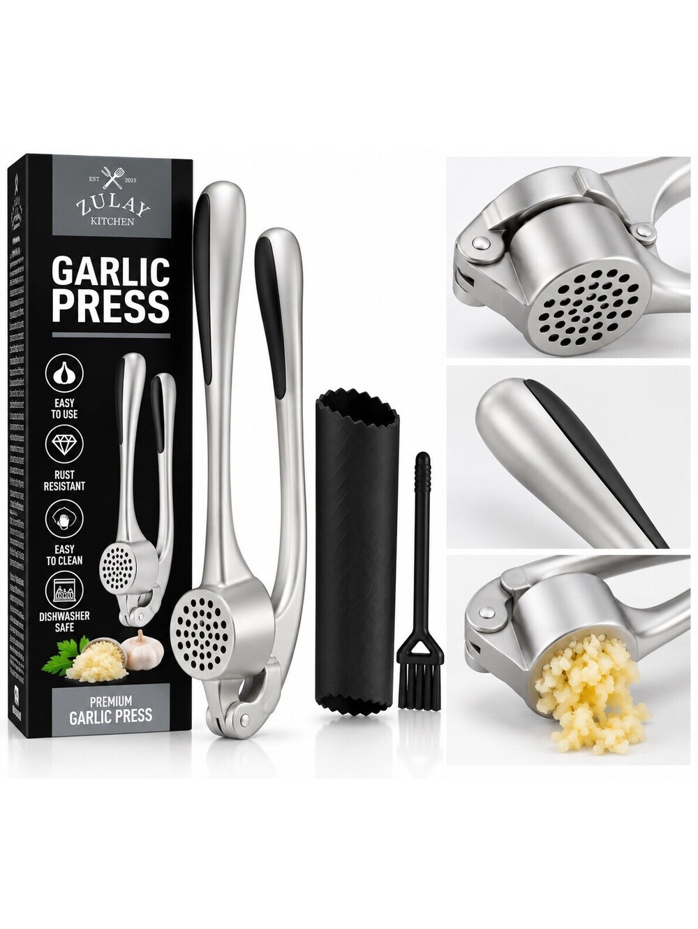 🧄 Zulay Kitchen Garlic Press – Satin Silver – Peeler & Cleaning Brush – New